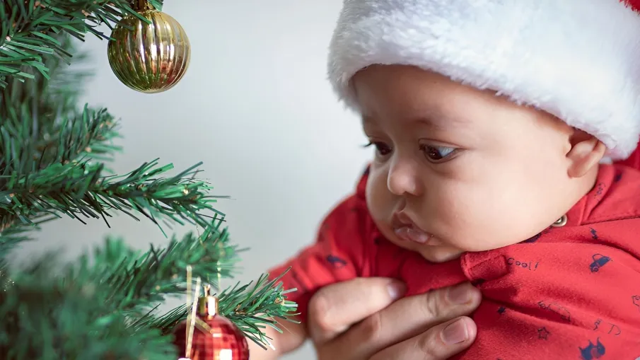 Bilden är ett fotografi av en bäbis som lyfts upp för att titta nära på en julgran.