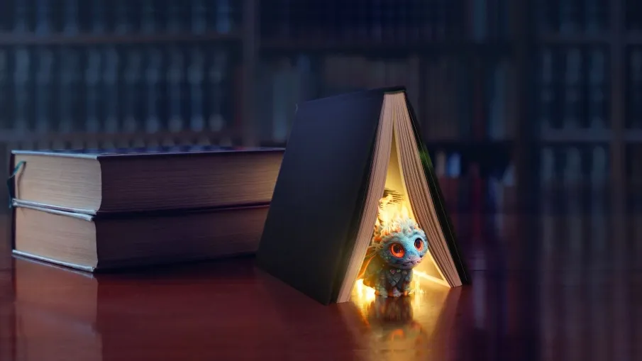 Bilden föreställer en liten drake som tittar fram ur en bok, med hyllor av böcker i bakgrunden.