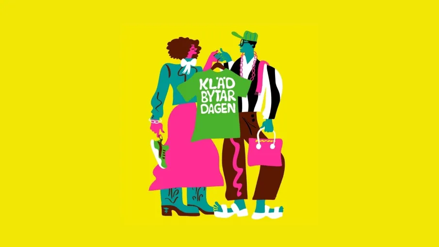 Bilden är en färgglad illustration av två personer som tillsammans håller upp en tröja med texten "klädbytardagen"