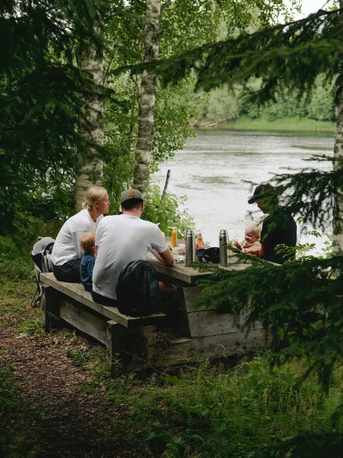 Grupp sitter och fikar längst vindelälven