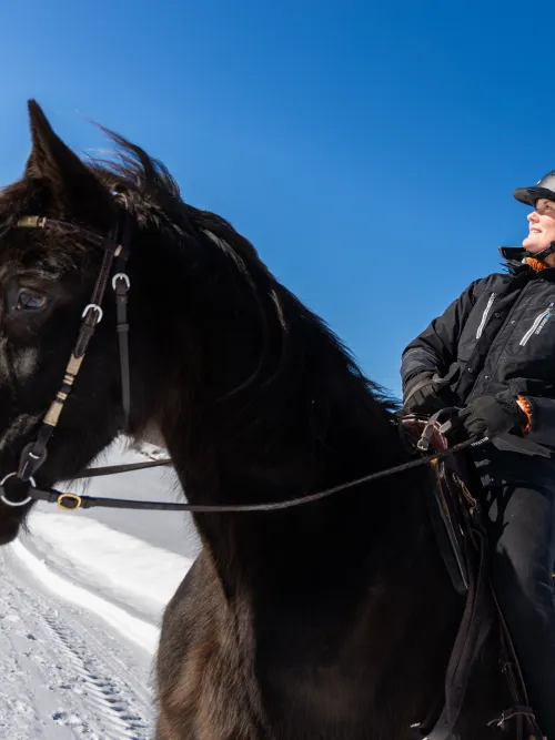 Person som rider på en häst i ett vinterlandskap