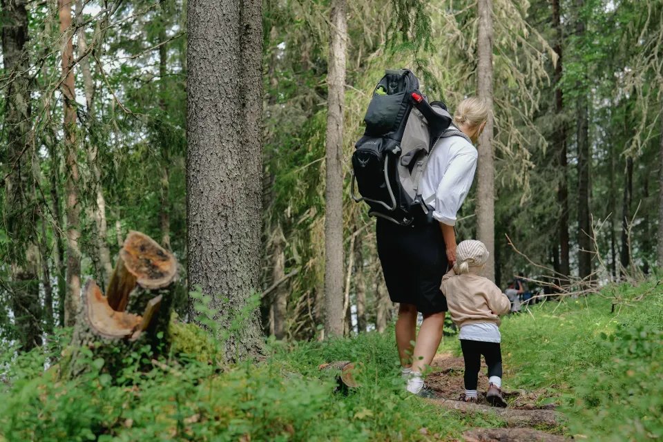Mamma och barn vandrar i skogen